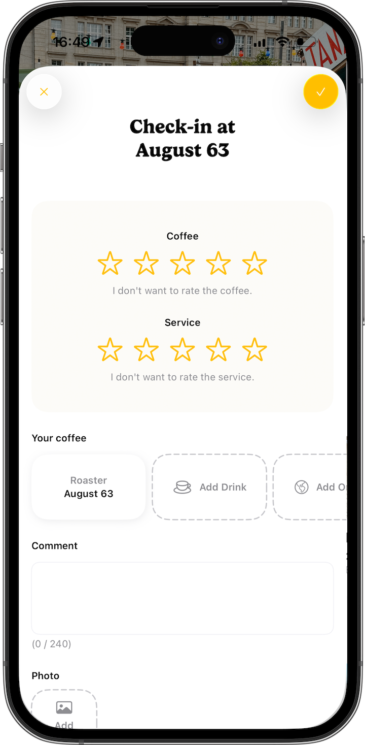 Beany app check-in screen for logging tasting notes, roaster, and rating coffee