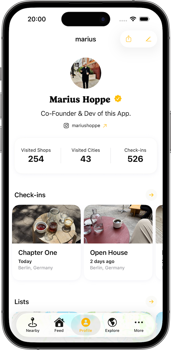 Beany Pro app user profile showing logged specialty coffee check-ins and maps